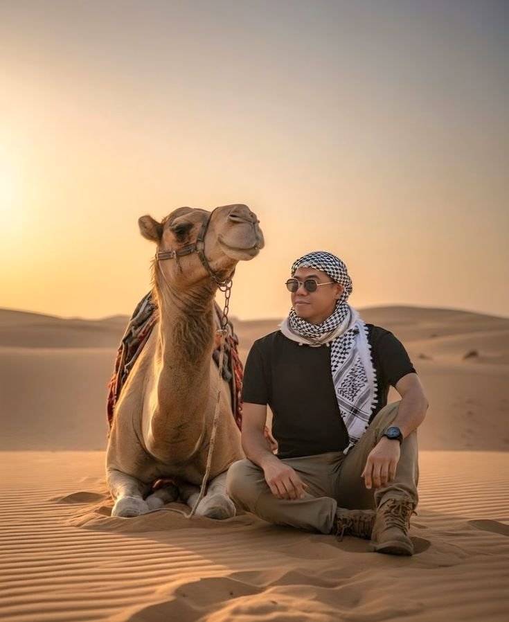 Guest with a camel at golden hour during the dune buggy safari stop
