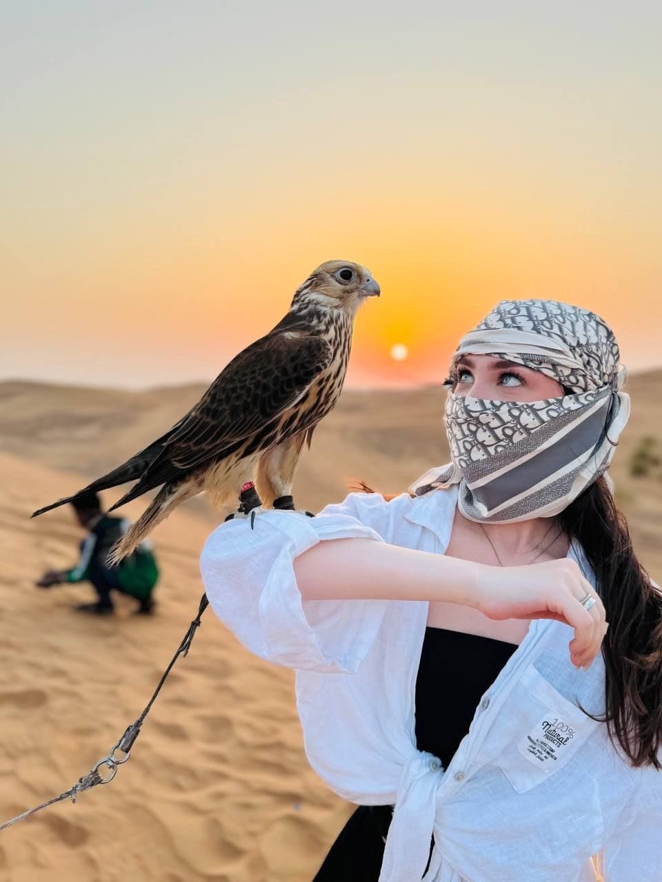 Guest holding a falcon at sunset on a private desert safari Abu Dhabi